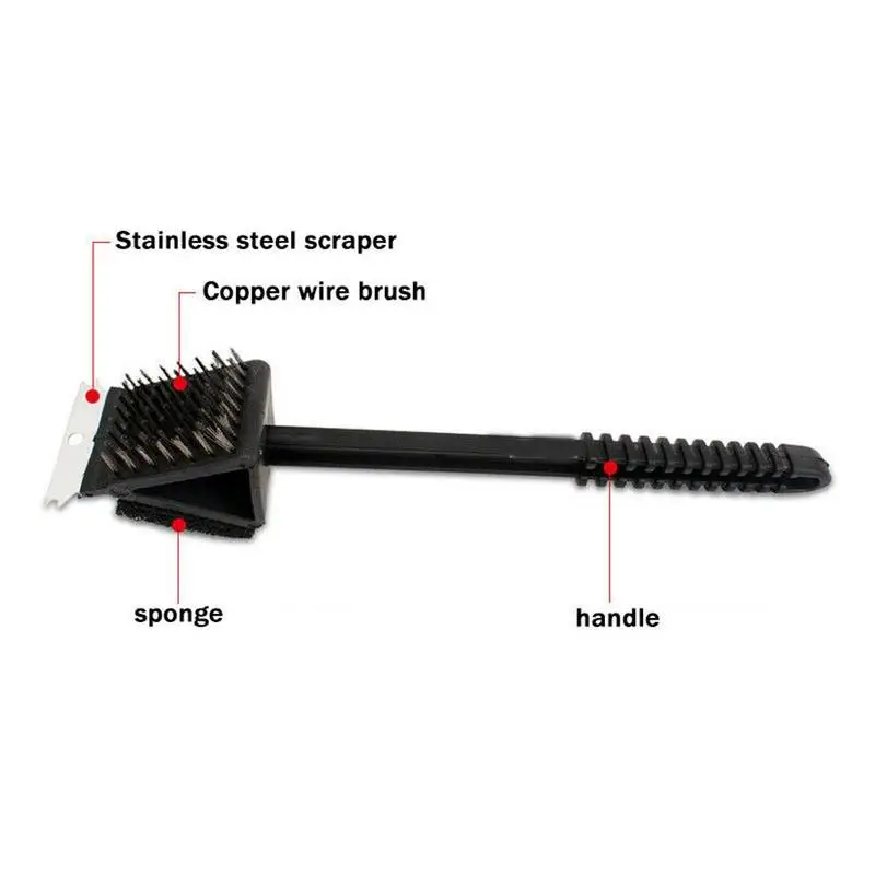 3 In 1 Corner Copper Wire Brush Barbecue Grill Oven Cleaning Bbq Brush Copper Wire Sponge Shovel Long Handle