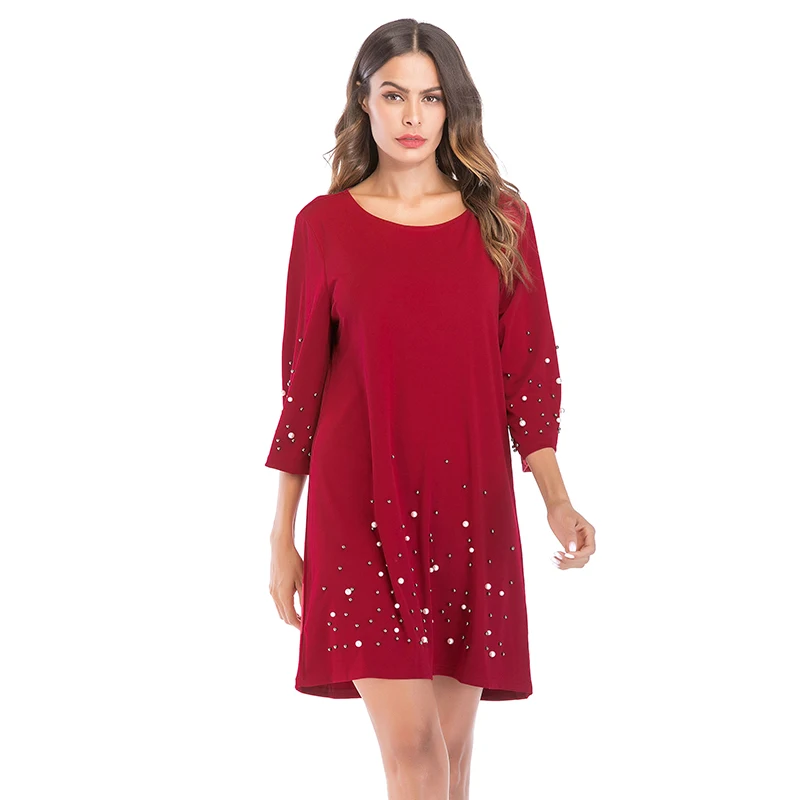 

2021 Summer Fashion Women's New Round Neck Three-quarter Sleeve Variety of Beads Beaded Straight Casual Ladies Dress