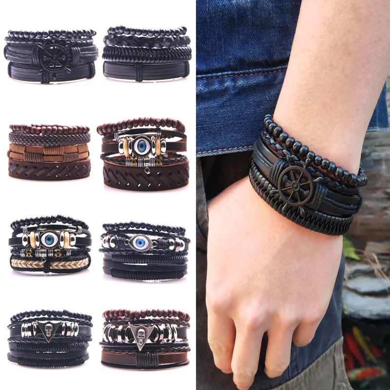 1 комплект 3/4 шт. Плетеные кожаные браслеты для мужчин и женщин винтажные