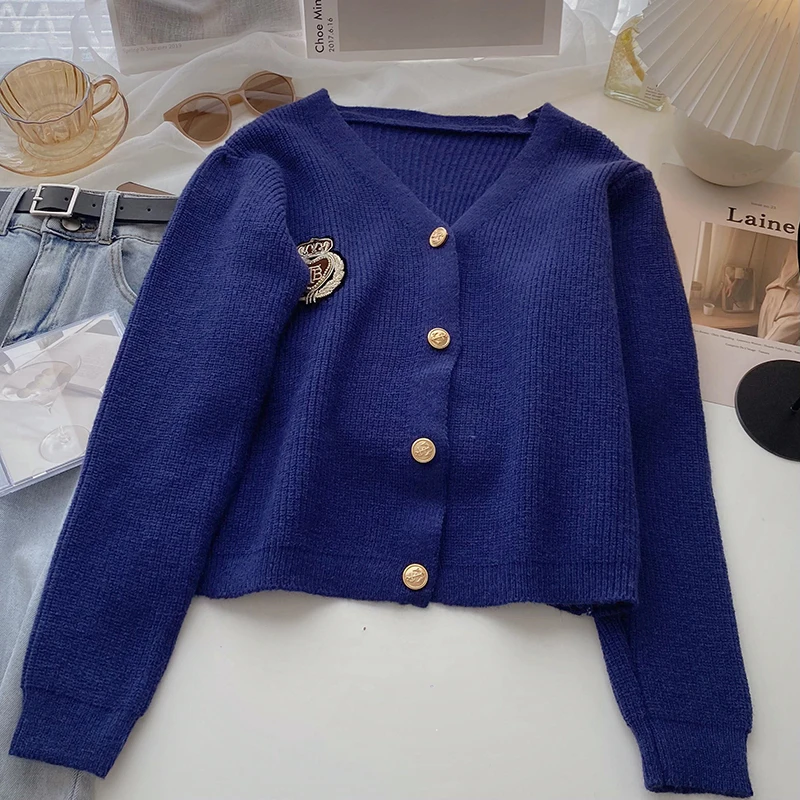 Harajpoo Cardigan Woman Japanese Preppy Style Fall Winter 2021 New Badge Embroidery V Neck Long Sleeve Knit Blue Vintage Sweater |