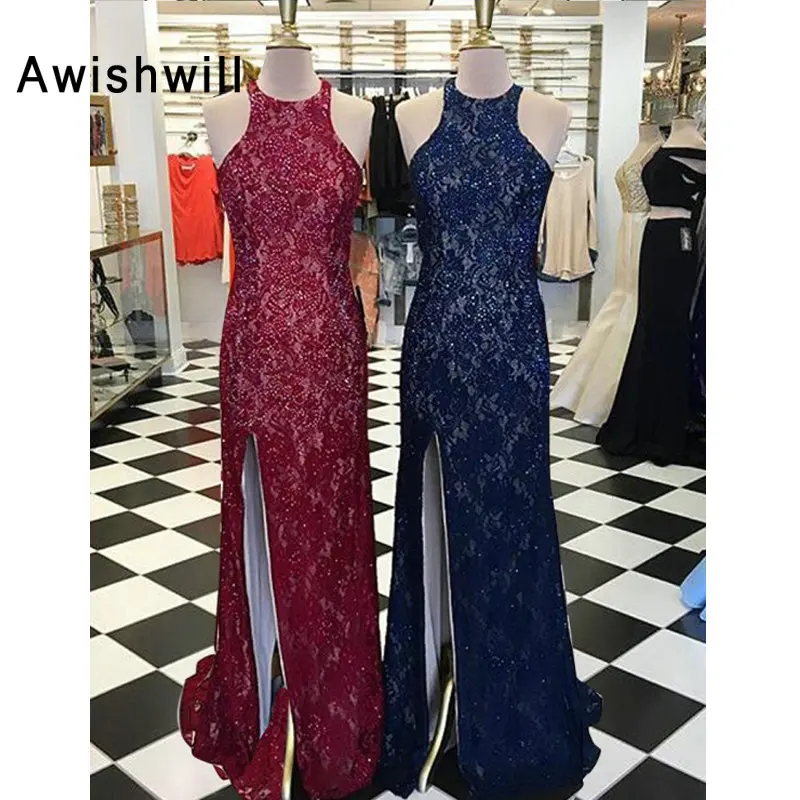 

Модные кружевные вечерние платья с высоким разрезом без рукавов, приталенные вечерние платья с открытой спиной для женщин, длинное платье д...