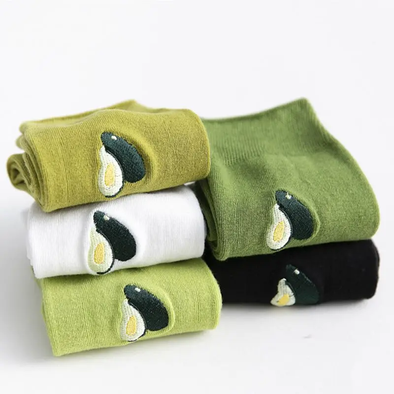 

2020 5 Pairs Womens Girls Autumn Cotton Crew Socks Avocado Fruit Embroidery Hosiery