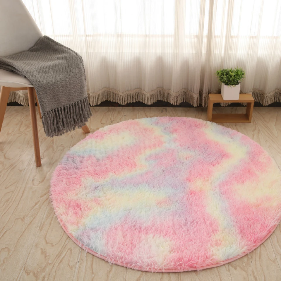 

Rainbow Carpet Colorful Shaggy Soft Fluffy Plush Rug Mats Round Table Pad Hair Area Rugs Girl For Living Room Bedroom Decoration