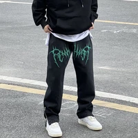 2022 new high street wash embroidery hip hop black jeans mens loose straight tube american hiphop side zipper floor pants