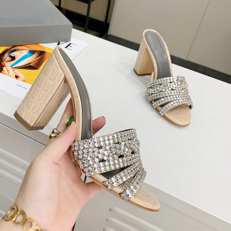 Женские мюли 2020 стразы туфли с открытым носком и кристаллами со стразами каблук 10