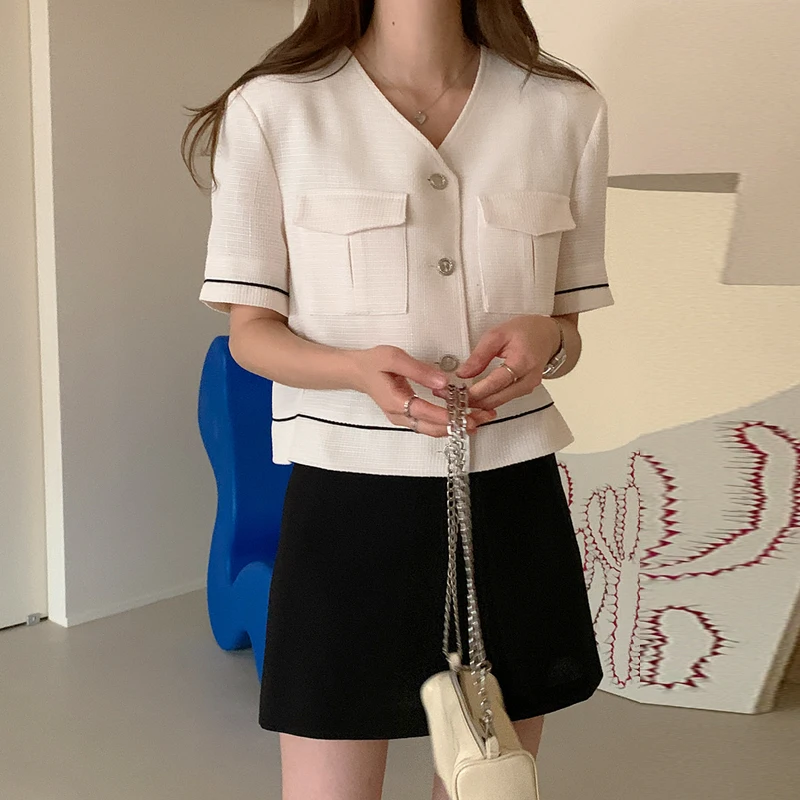 

Xiaoxiang jacket female v-neck short-sleeved loose temperament Korean style cropped top