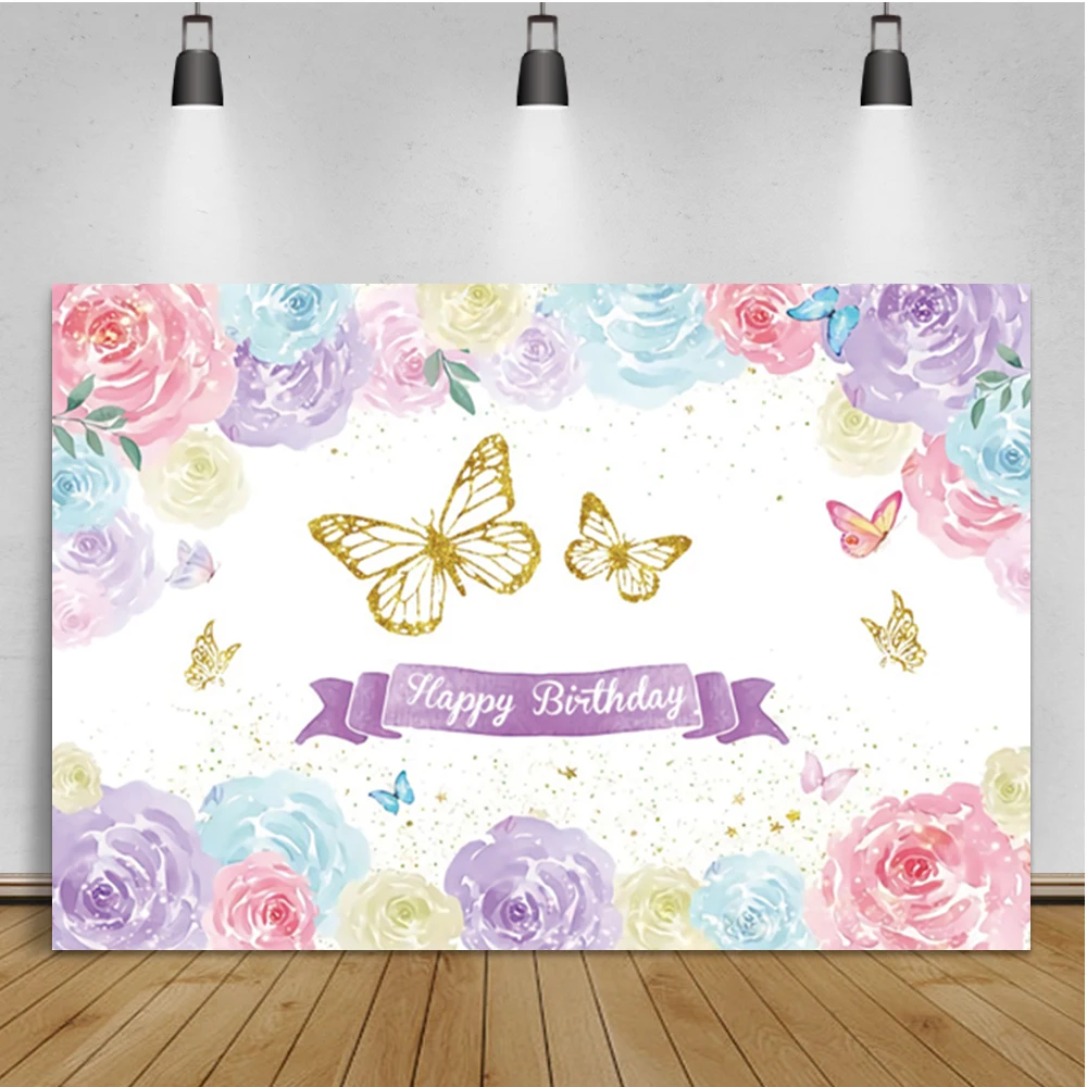 

Laeacco Colorful Watercolor Birthday Photography Background Photozone Golden Butterfly Portrait Custom Backdrop For Photo Studio