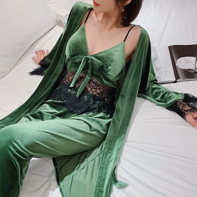 

2020 Autumn Cotton Pajamas Suit Sexy Suspander Nightgown Three-piece Home Wear Outside Winter Lace Princess with Breast Pad