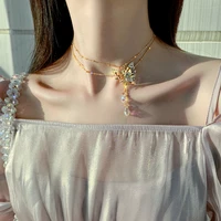 korean new design fashion jewelry exaggerated golden smart butterfly crystal pendant golden elegant female clavicle necklace