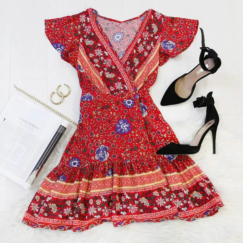 Berrygo винтажное женское платье в богемном стиле с v образным вырезом и рюшами