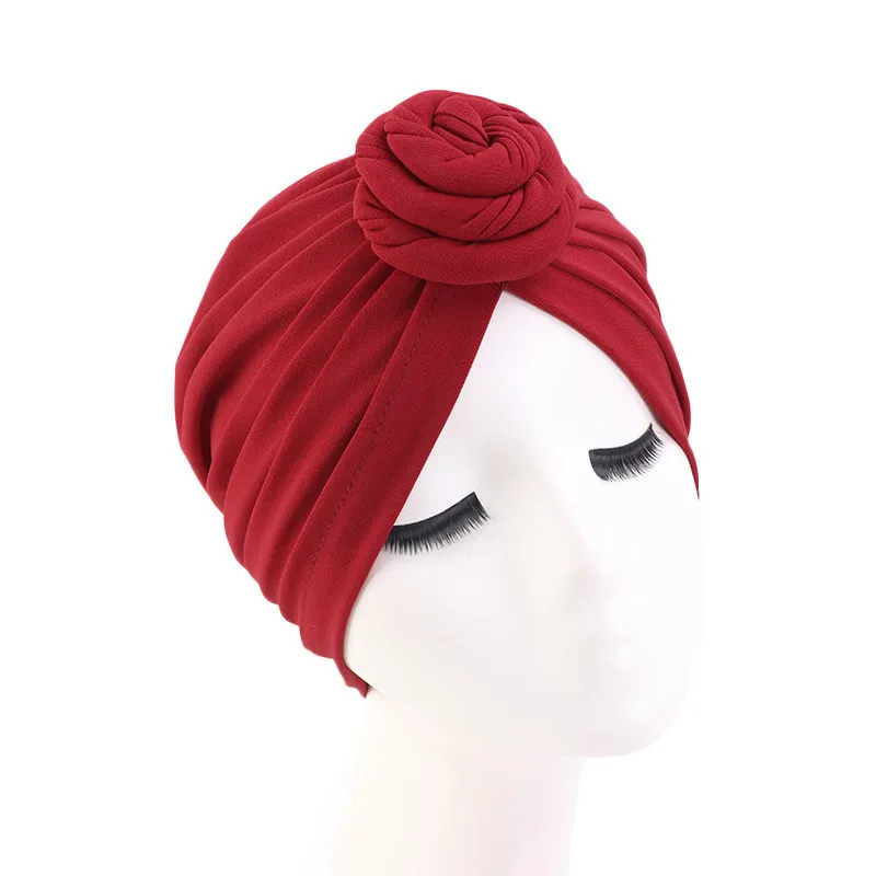 

polyester Solid color Stretch Turban Ruffle Hair Hats Beanie Bandanas Scarf Head Wrap Headwear for Women 39