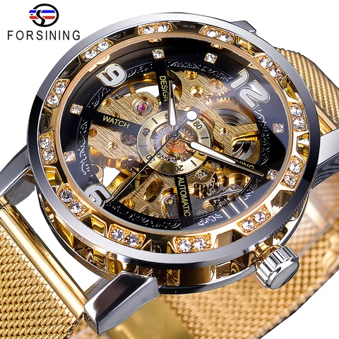 Forsining Diamond, золотые скелетоны, мужские механические часы, нержавеющая сталь, сетчатый ремешок, светящиеся ручные часы, спортивные, деловые часы