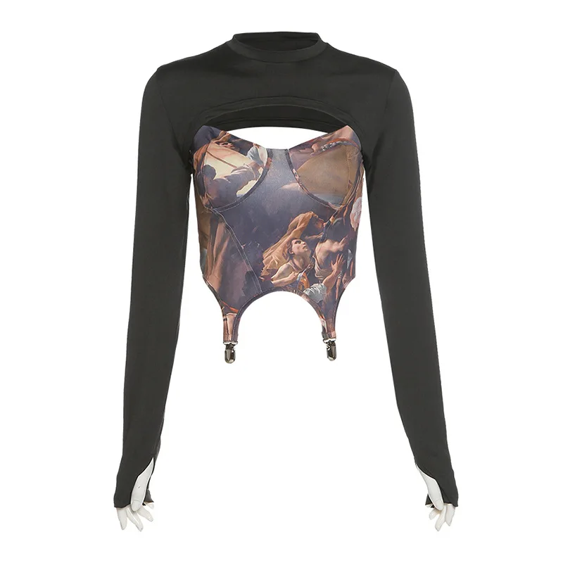 

Black Fashion Long Sleeve Women's T-shirt Spring Streetwear Casual Patchwork Top Women's Slim and Thin + Printed T-shirt/2pcs