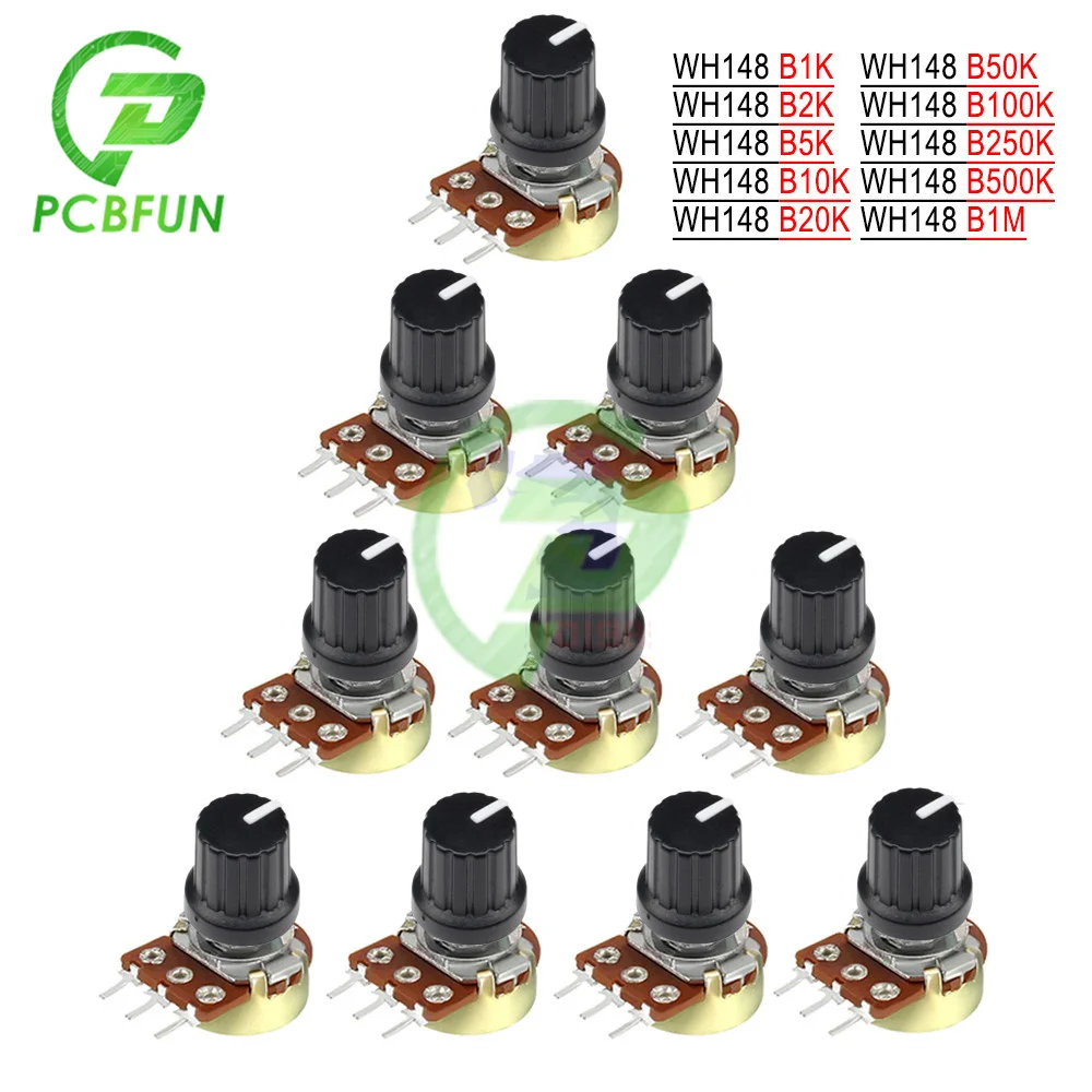 

5 PCS/Lot Potentiometer Resistor 1K 5K 10K 20K 50K 100K 500K Ohm 3 Pin Linear Taper Rotary Potentiometer w/Cap Knob for Arduino
