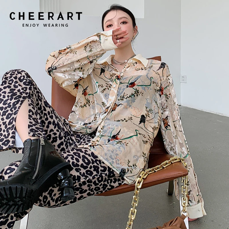 

CHEERART Velvet Floral Bird Mesh See Through Baggy Shirt Fall 2021 Womens Fashion Designer Top And Blouse Collared Shirt Clothes