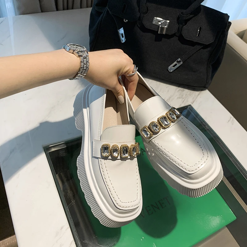 

Hjwsfdcai Rhinestone Decor Women Casual Shoes Cowhide Leather Platform Classic Leather Shoes Round Toe Slip On Mujer Chaussures