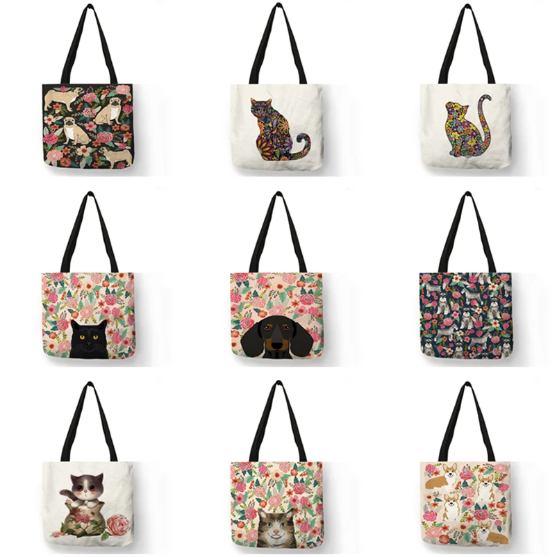 

Custom Floral Pet Dog Cat Print Women Tote Handbag Casual School Traveling Shoulder Bag Reusable Shopping Bags for Supermarket