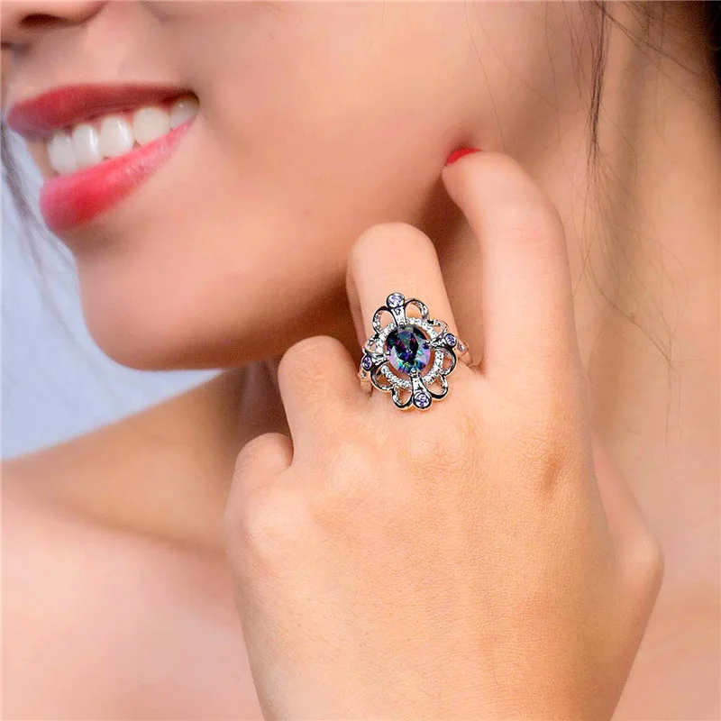 Мистик огонь камень волна большие кольца для женщин серебро 925 пробы Овальный