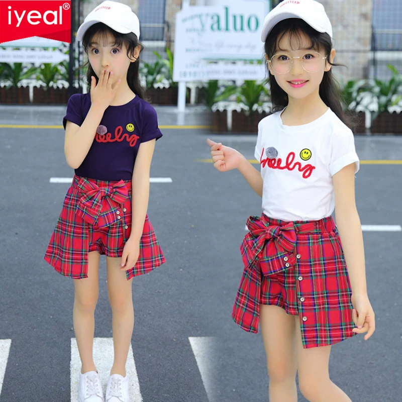 

IYEAL New Children Girls Clothing Sets Fashion Kids Patchwork Cotton T-Shirt Plaid Shorts Outfits Children Casual Clothes 4-12Y