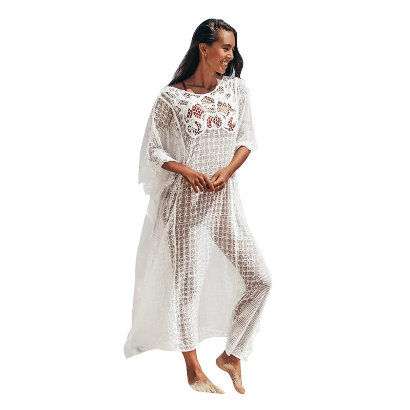 

Long Summer Dress For Women 2021 Cover Up New Year Beach Wear Set Smock Female Irregular Lace Knitting Hollow Out Bathing Suit