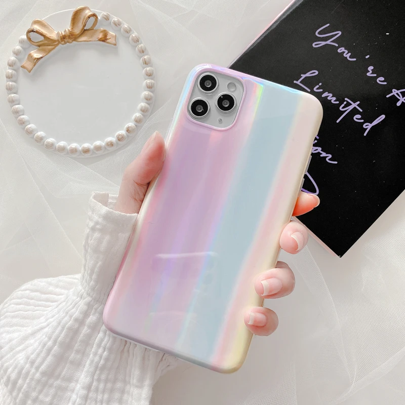 Красивый белый Голографический лазерный чехол SUYACS Aurora для iPhone 12 11 Pro Max XR XS 6 6S 7 8 Plus