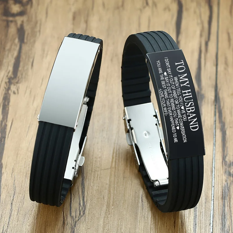 

Custom Rubber Brand Silicone Warpwrist Bracelet Personalized Tags Stainless Steel Adjustable ID For Women Men