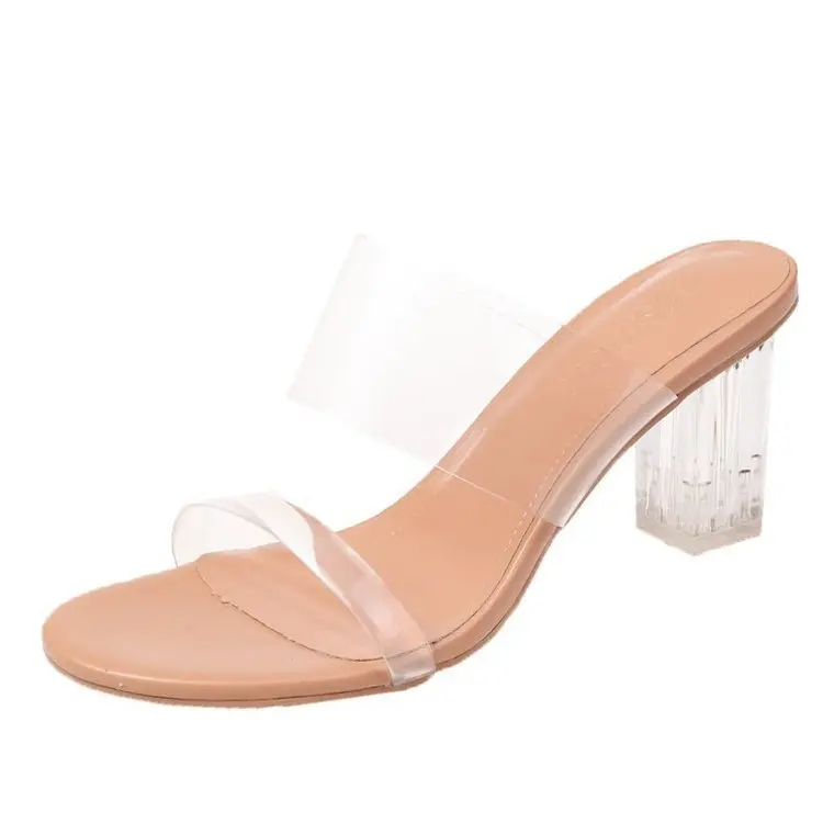 

Shoes Woman 2021 Female Slippers Glitter Slides Low Big Size Square heel Transparent Heel New Summer Jelly Block Basic Fabric Ro