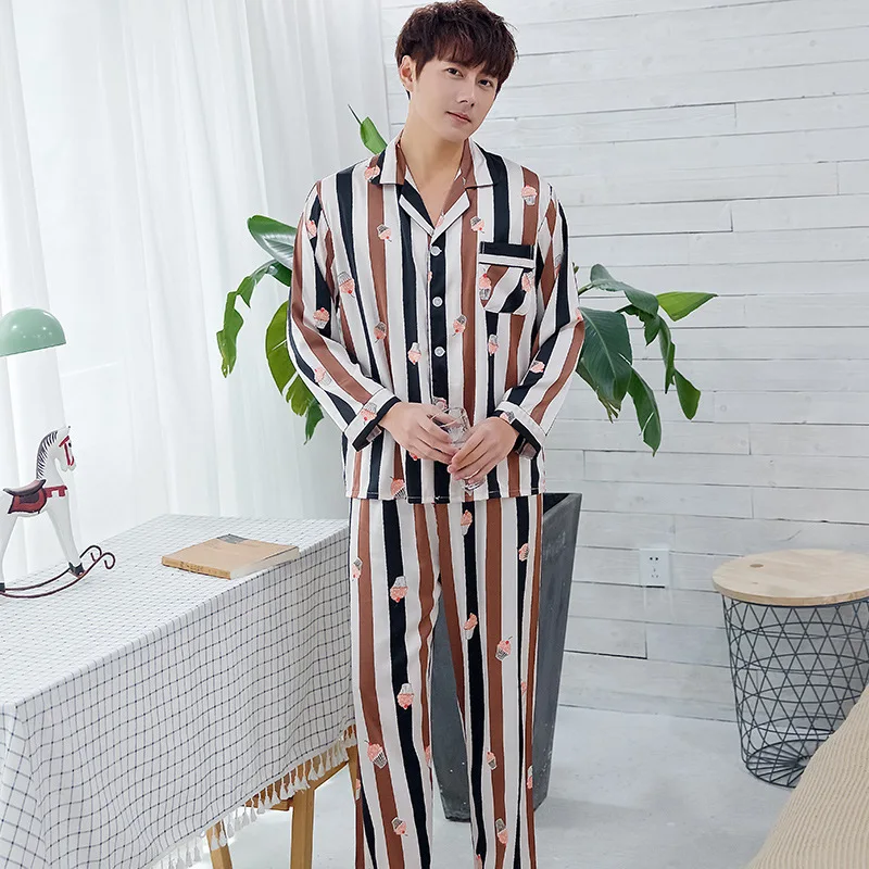 

Summer Couple Women Striped Printed Lapel Long Sleeve Pants Sleepwear 2 Pieces Lovers Female Pajamas Sets Pyjamas Homewear