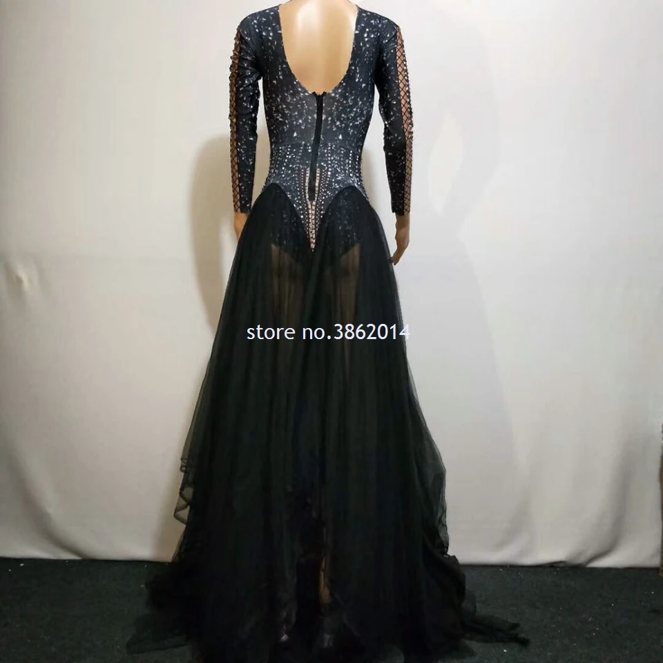 

New Glisten Long Sleeve Rhinestone Black Voile Long Dress Women Nightclub Performance Outfit Graceful Evening Prom Party Dresses