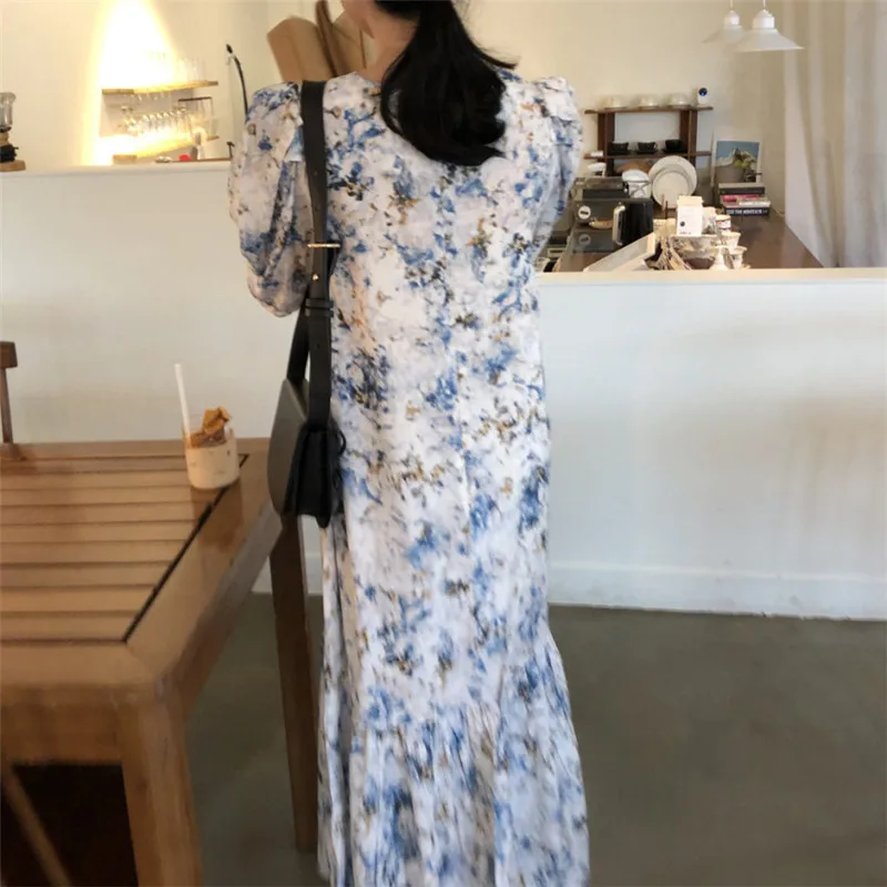 

Fashion Print woman dress O Neck High Waist Casual holiday dresses for women puff Sleeves Loose Fit Long vestidos 2021