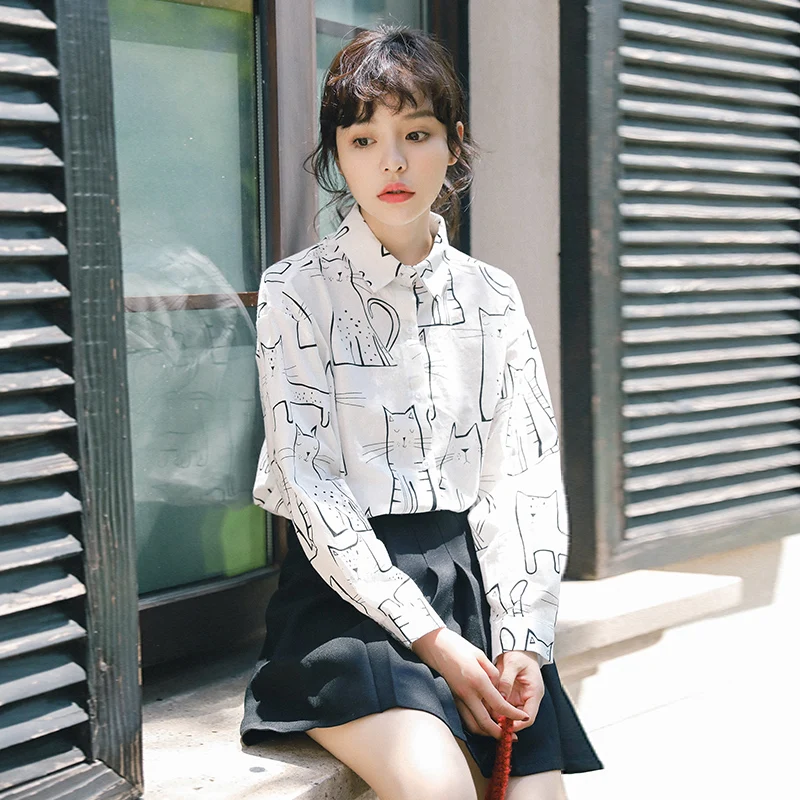 Женские рубашки для девочек кавайная Повседневная рубашка Ulzzang с принтом