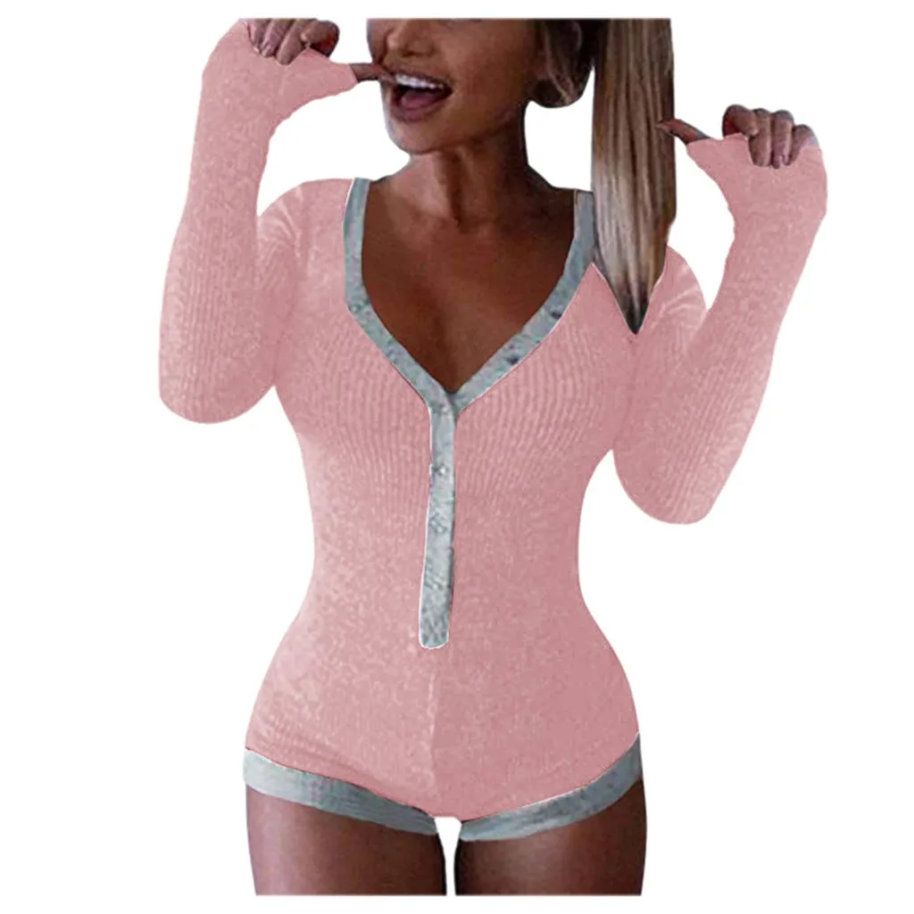 Женские вязаные комбинезоны с длинным рукавом глубоким v-образным вырезом