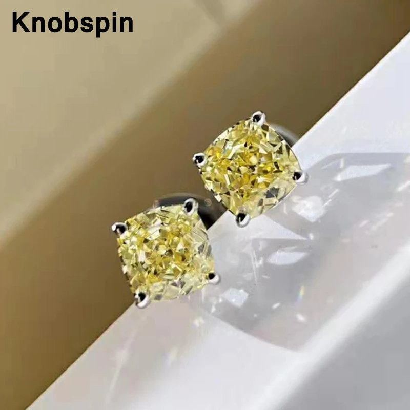 

Knobspin 1 Carat Yellow High Carbon Diamond Pure 925 Silver Earring Four Claws Stud Earings For Women Accessories Fine Jewelry