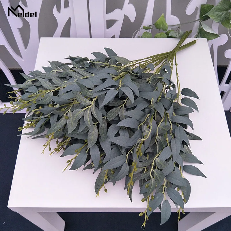 grey green Meldel Wedding Bouquet Decoration Artificial White Flower Plant Silk Flower Home Vase Decor Willow Leaf Green Grass Fake Flowers - Color: grey green