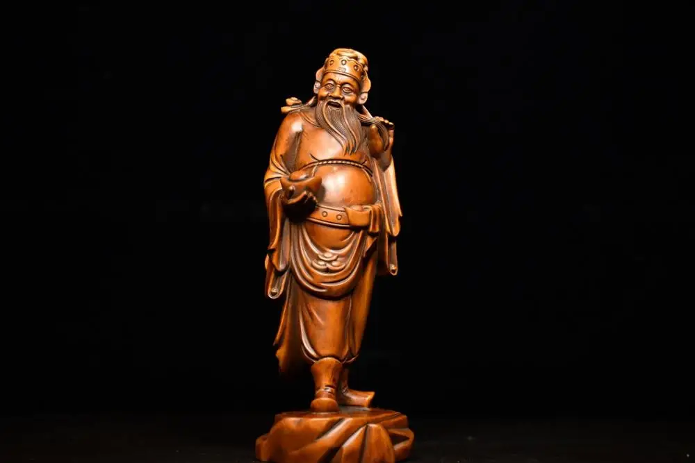 

Wedding 7" China Lucky Seikos Boxwood God of Wealth Statue Hand holding ingot wood carving Implying fortune and treasure