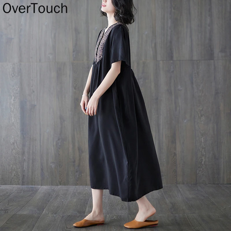 

2021 Plus Size Summer Dress Vintage Elegant Lady Vestidos Sundress Casual Women Print Pockets Cotton Long Dress Black