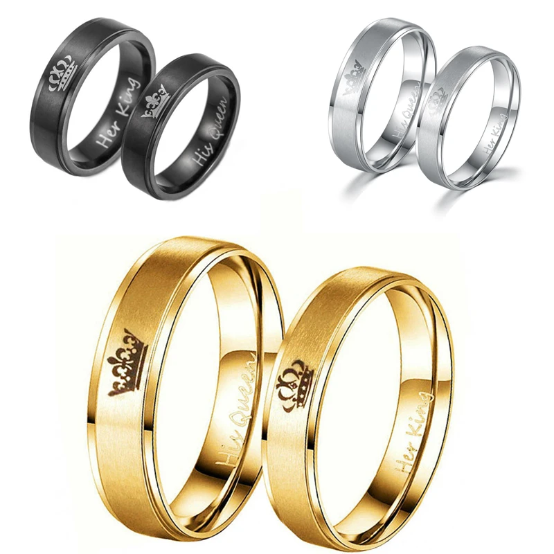 

Women His Queen Stainless steel Ring Black Gold Color Simple Design Her King Couple Ring Wedding Ring for Female Men