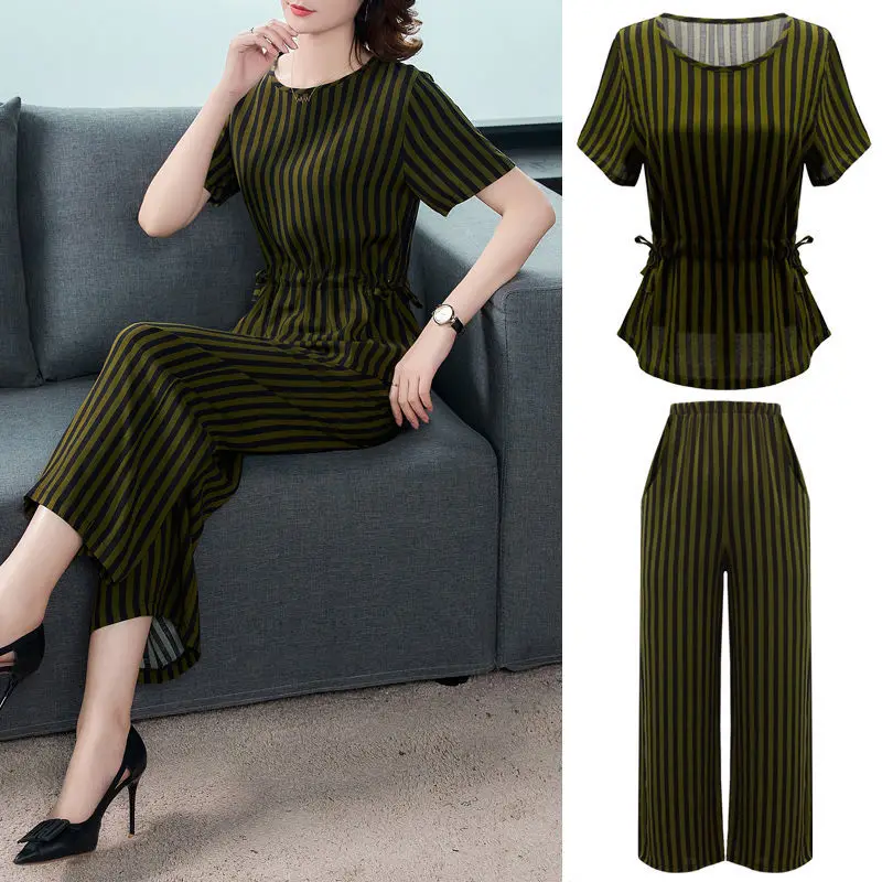 

Fashion Women's Sets Middle-aged Lady Summer Sets Cotton Short Sleeve T-shirt & High Waist Pants Suits Elegant 2 Piece Sets L402