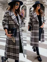 2021 autumn women checked jacket casual oversized turn down long coat female thick warm woolen blends overcoat streetwear