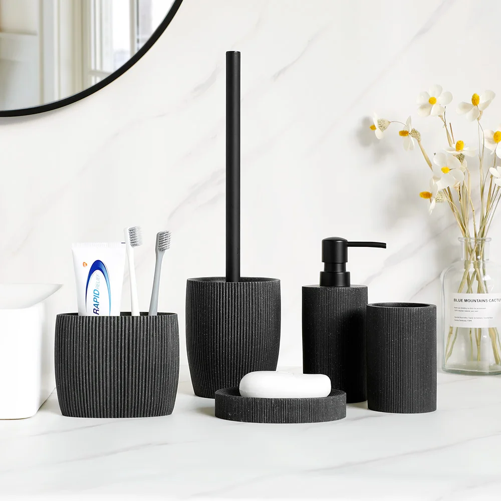 black bathroom accessories set with toothbrush holder soap dispenser soap tumbler cups soap dish an toilet brush holder free global shipping