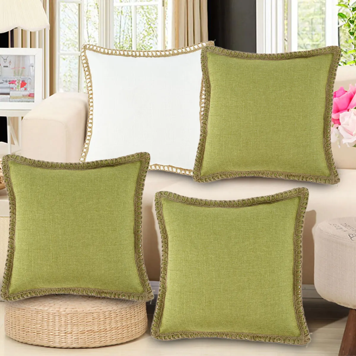 

2pcs Square Throw Pillow Cover 45x45cm Flax Pillow Case Durability Tear Resistance Cushion Cover Trim Pillowcase for Home Decor