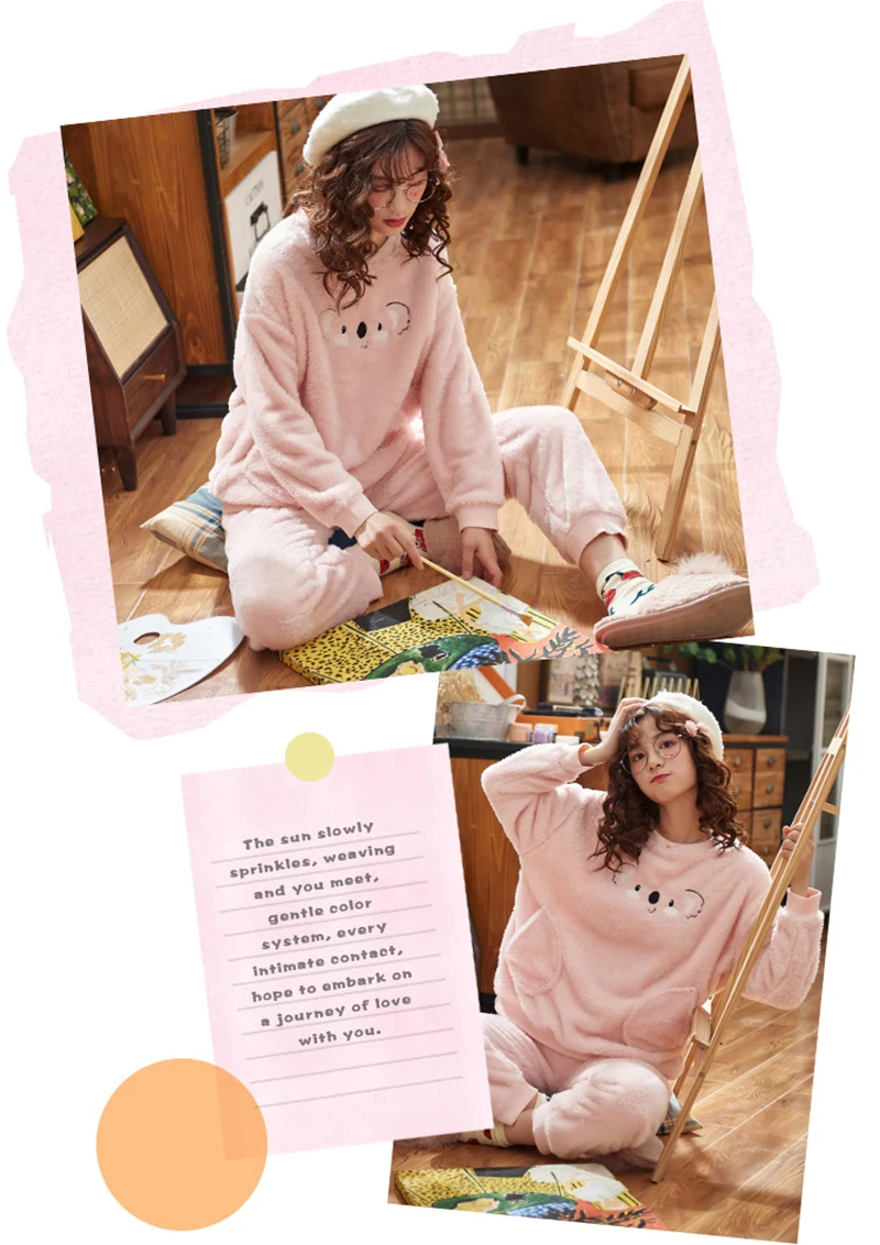JULY'S SONG двухкомпонентная женская пижама теплый зимний коралловый бархатный пижамный комплект с круглым вырезом сплошной длинный рукав фланелевая домашняя одежда