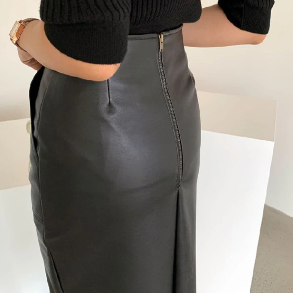 Элегантная юбка карандаш из искусственной кожи с высокой талией и мехом женские