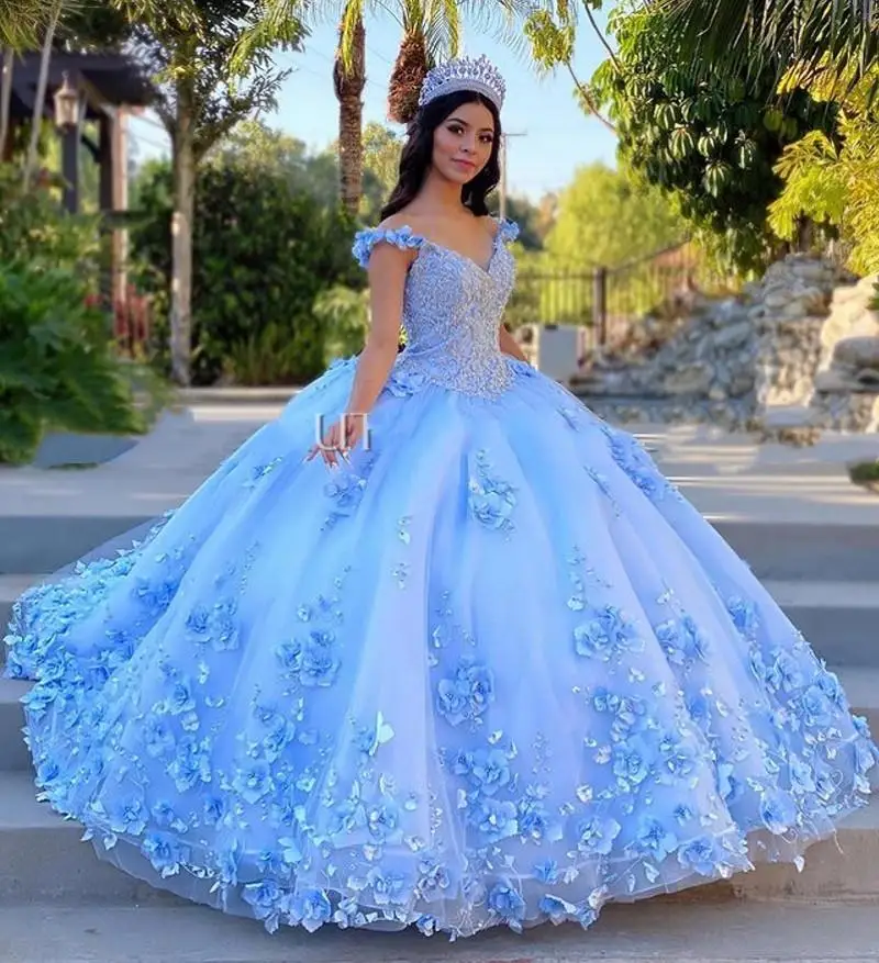 

Light Sky Blue Plus Size Ball Gown Quinceanera Dresses Off Shoulder 3D Rose Flowers Puffy Sweet 16 Celebrity Dress