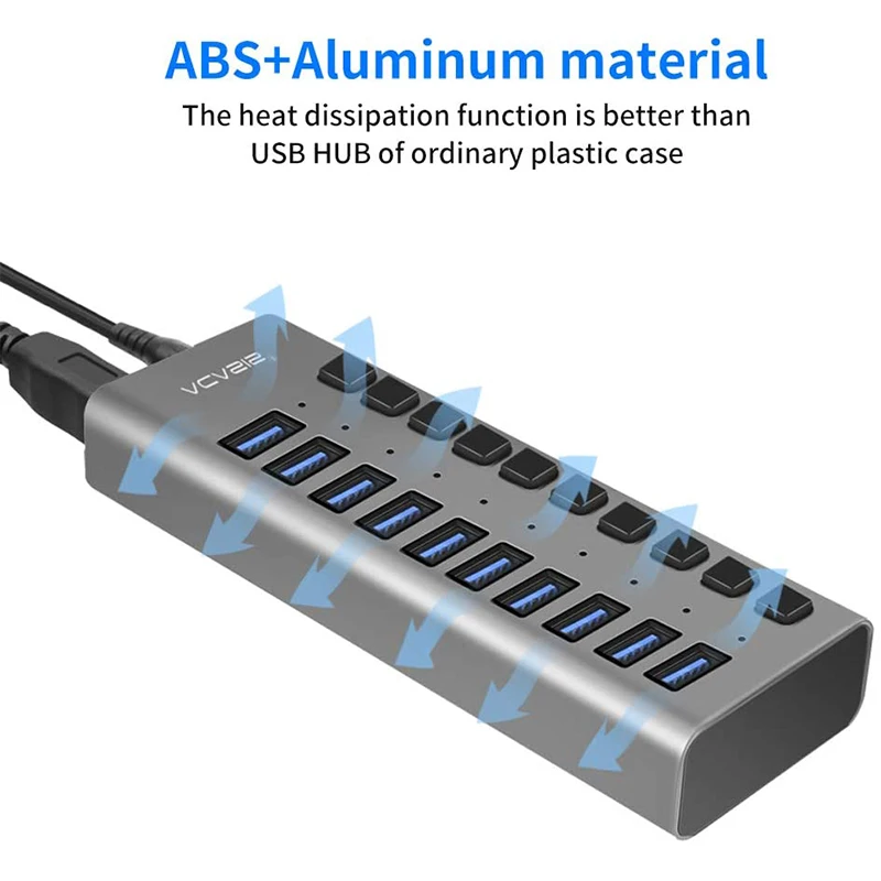 

ACASIS Powered USB Hub 10 Ports 90W USB 3.0 Data Hub - with Individual On/Off Switches for PC, Computer,HDD,Flash Drive- US Plug