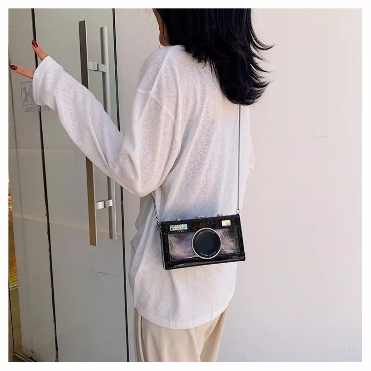 

Fashion Stitching Camera Shape Women's Handbag 2021 New Personality Creative Transparent Ins Net Red Chain Messenger Box Bag