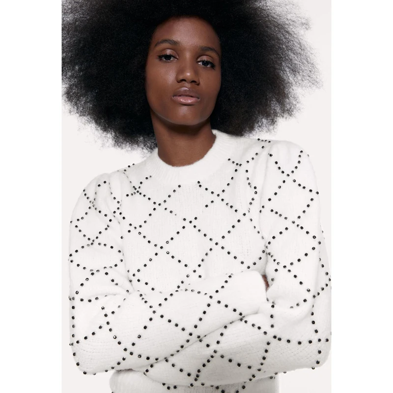 ZOEPO Beading Sweaters Women Fashion Autumn Casual O Neck Sweater Women Elegant Slim Long Sleeve Sweaters Female Ladies LE