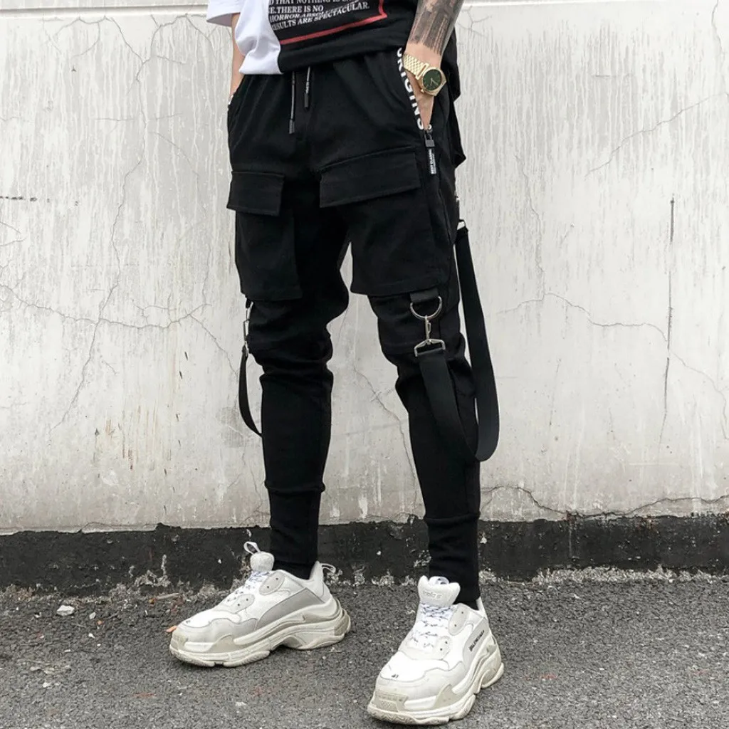 

Side Pockets Pencil Pants 2020 Men Hip Hop Patchwork Ripped Sweatpants Streetwear Casual Slim Jogger Trousers Ribbons Harem Pant