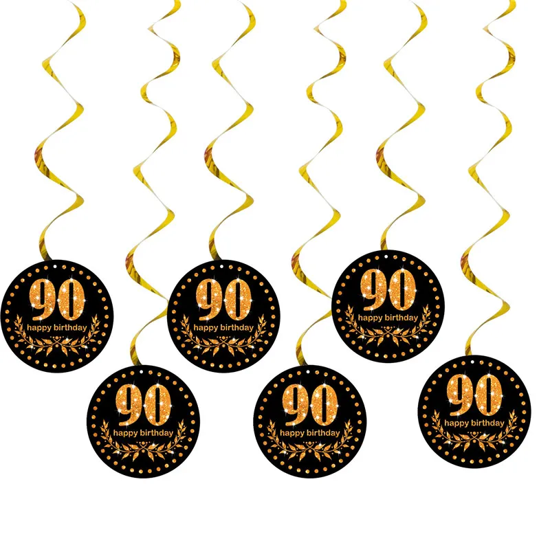 

6pcs birthday swirl banner black gold 16 18 30 40 50 60 70 80 90 Happy birthday party decoration anniversary room hanging decor
