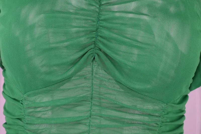

Green Ruched Mini Dress For Women Mesh Party Night Club Gown Sexy Backless Off Shoulder Short Sleeve Perspective Party Dresses